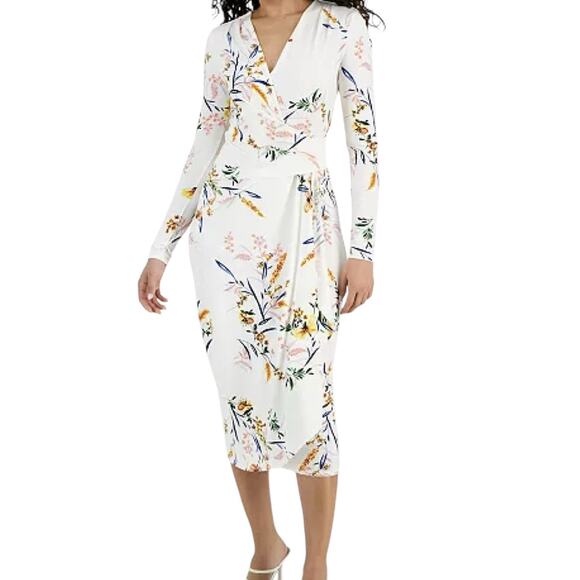 Rachel Roy Nola Size XS White Floral V-Neck Jersey Wrap Midi Dress Wedding Event - Picture 1 of 7